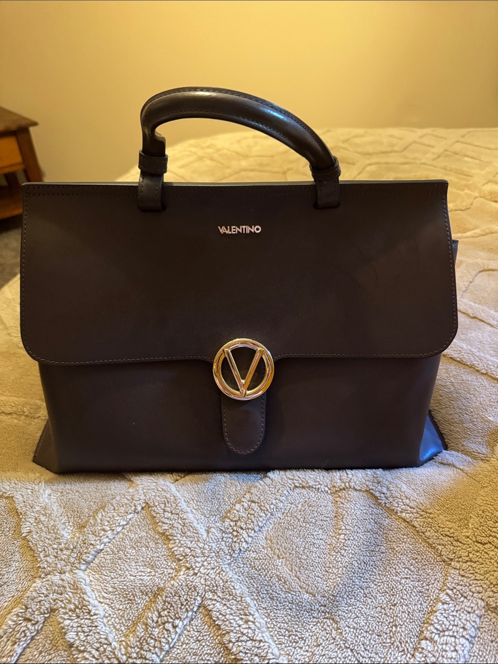 Valentino Black Leather Top-Handle Satchel with Gold V Logo